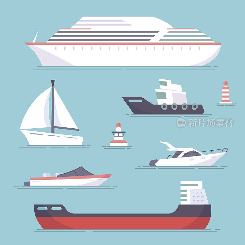 Set of marine ships, boats, yachts and sailing tanker. Marine buoy. Vector, illustration in flat style isolated on blue background EPS10.